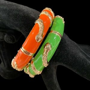 Green and Orange Enamel Clamper Bracelets with Snake Design